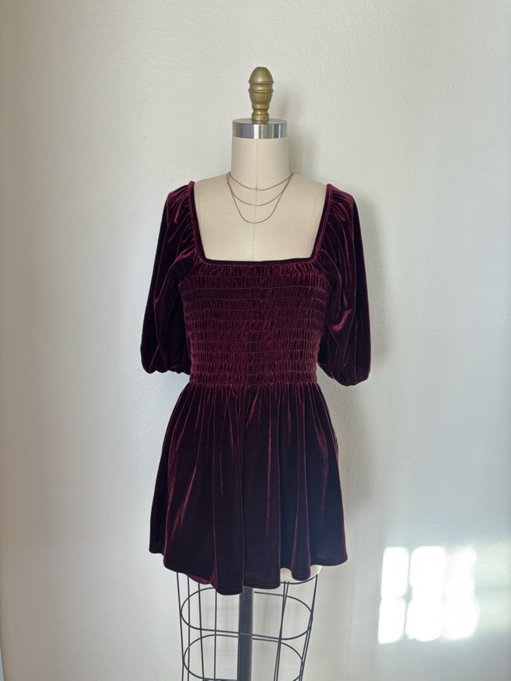 Urban Outfitters Velvet Square-Neck Smocked Mini Romper - Deep Wine